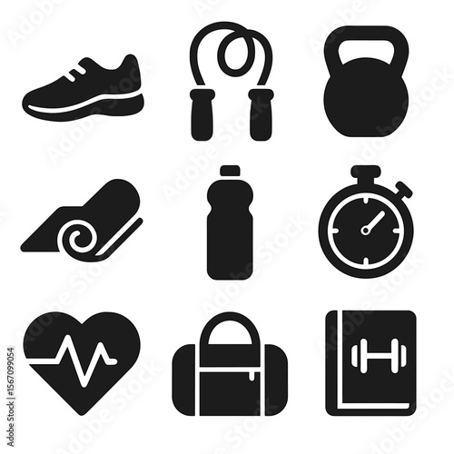 Morning Fitness Icons. Solid, filled icons set of morning fitness habits: running shoe, jump rope, kettlebell,