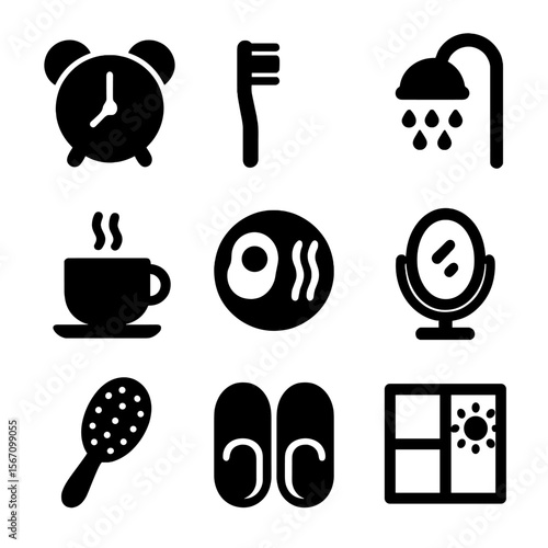 Morning Essentials Icons. Solid, filled icons set of morning routine: alarm clock, toothbrush, shower head,