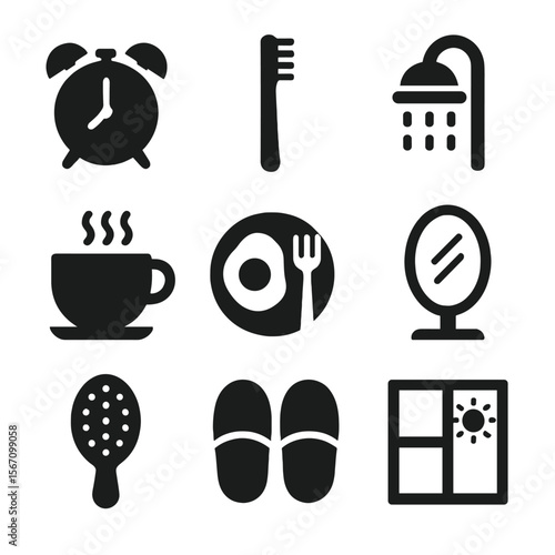 Morning Essentials Icons. Solid, filled icons set of morning routine: alarm clock, toothbrush, shower head,