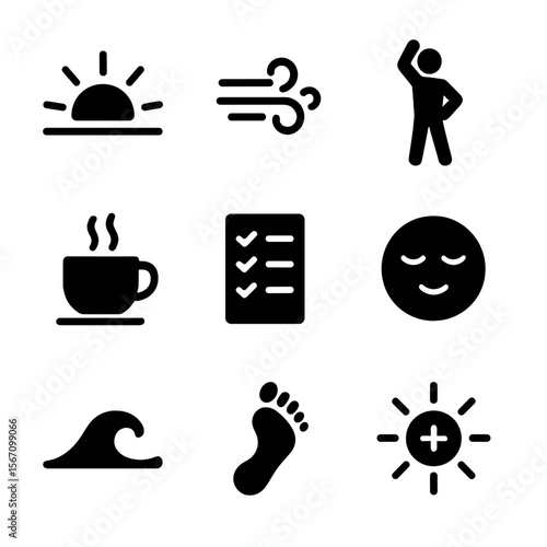 Morning Mindfulness Icons. Solid, filled icons set of morning mindfulness routine: sunrise, fresh air, light