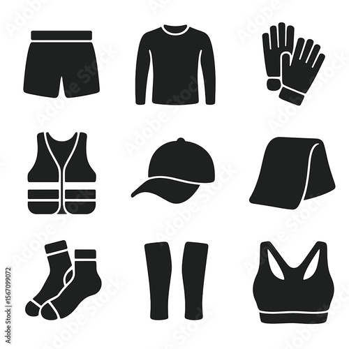 Morning Jog Gear. Solid, filled icons set of clothing and gear for early morning jog: running shorts, thermal
