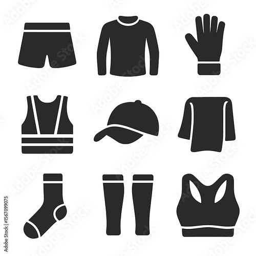 Morning Jog Gear. Solid, filled icons set of clothing and gear for early morning jog: running shorts, thermal