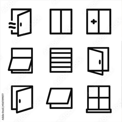 Window Icons Grid. Solid, filled icon set of window types by function: ventilation window, fixed window, sliding window, hopper