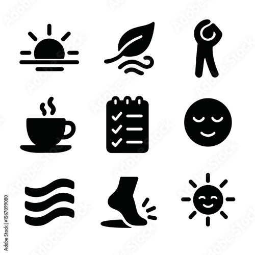 Morning Mindfulness Icons. Solid, filled icons set of morning mindfulness routine: sunrise, fresh air, light