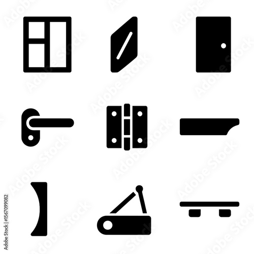 Window and Door Icons. Solid, filled icon set of window and door materials: window frame, glass pane, door slab, door handle, door