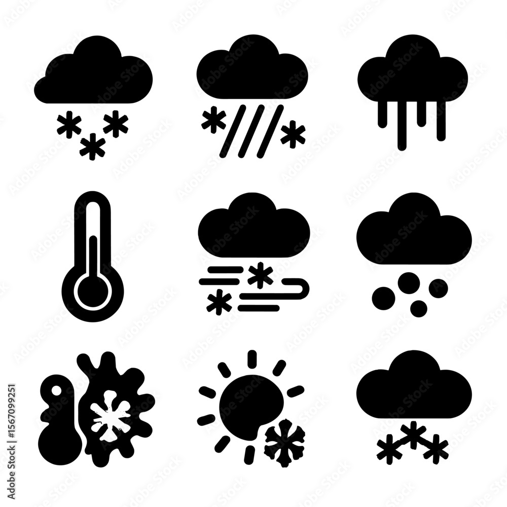 Winter Weather Icons. Solid, filled icon set of winter weather: cloudy snow, blizzard, freezing rain, thermometer low, snowstorm, Winter Weather Icons. Solid, filled icon set of winter weather: cloudy snow, blizzard, freezing rain, thermometer low, snowstorm,