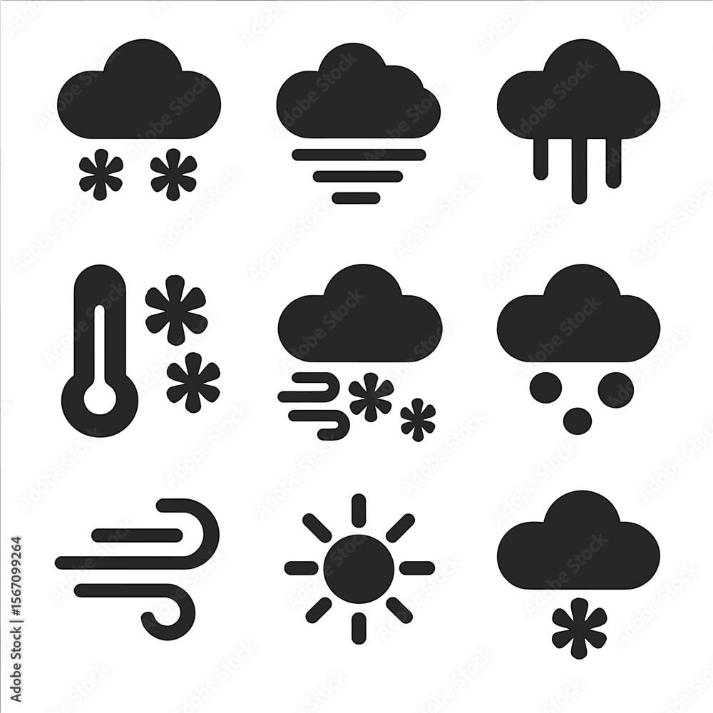 Winter Weather Icons. Solid, filled icon set of winter weather: cloudy snow, blizzard, freezing rain, thermometer low, snowstorm, Winter Weather Icons. Solid, filled icon set of winter weather: cloudy snow, blizzard, freezing rain, thermometer low, snowstorm,