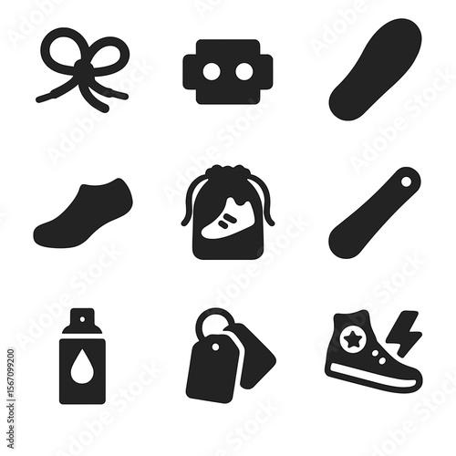 Sneaker Accessory Icons. Solid, filled icon set of sneaker accessories: shoelace, lace lock, insole, sneaker socks, sneaker bag,