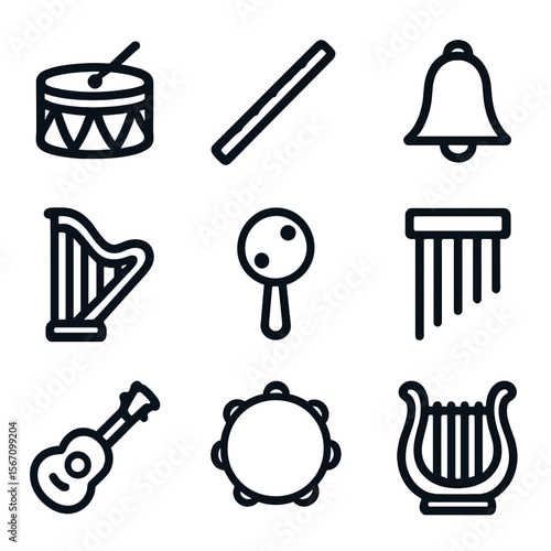 Winter Solstice Instruments. Solid, filled icon set of Winter solstice musical instruments: drum, flute, bell, harp, rattle,
