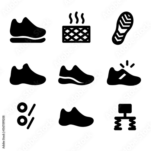 Sneaker Features Icons. Solid, filled icon set of sneaker features: cushioned sole, breathable mesh, rubber outsole, padded collar