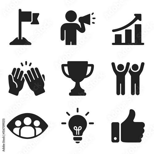 Motivational Icons Grid. Solid, filled icons set of team motivation strategies: goal flag, leader with