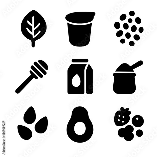 Smoothie Ingredients Icons. Solid, filled icon set of smoothie ingredients: spinach leaf, yogurt cup, chia seeds, honey dipper,