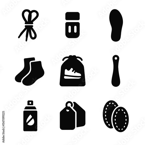 Sneaker Accessory Icons. Solid, filled icon set of sneaker accessories: shoelace, lace lock, insole, sneaker socks, sneaker bag,