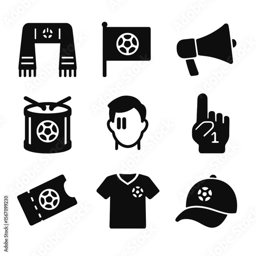 Soccer Fan Gear Icons. Solid, filled icon set of soccer fan gear: scarf, flag, megaphone, drum, face paint, foam finger, ticket,