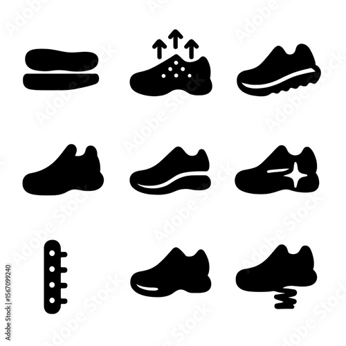 Sneaker Features Icons. Solid, filled icon set of sneaker features: cushioned sole, breathable mesh, rubber outsole, padded collar