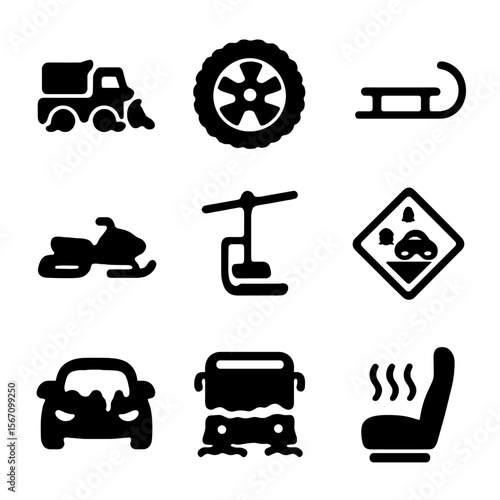 Winter Transport Icons. Solid, filled icon set of winter travel and transport: snow plow, winter tires, sled, snowmobile, ski lift
