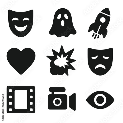Movie Genre Icons. Solid, filled icons set of movie genres and themes: comedy mask, horror ghost, sci-fi