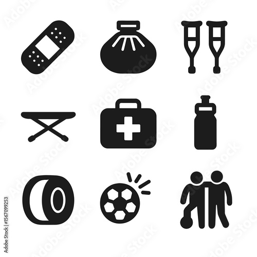 Soccer Injury Icons. Solid, filled icon set of soccer injuries and care: bandage, ice pack, crutches, stretcher, first aid kit,