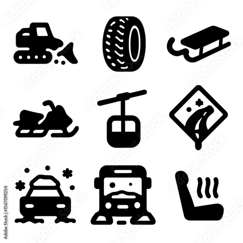 Winter Transport Icons. Solid, filled icon set of winter travel and transport: snow plow, winter tires, sled, snowmobile, ski lift