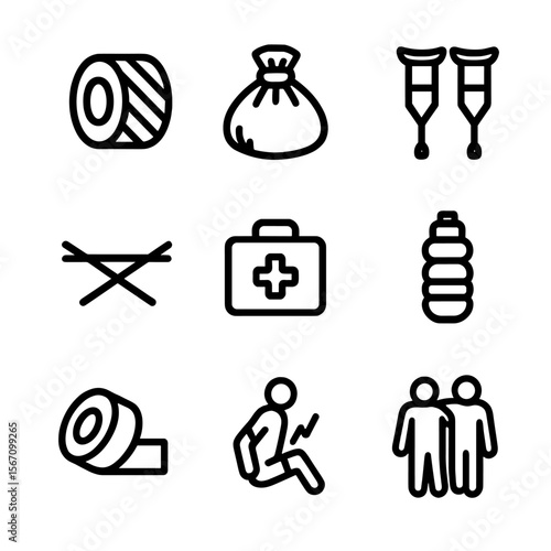 Soccer Injury Icons. Solid, filled icon set of soccer injuries and care: bandage, ice pack, crutches, stretcher, first aid kit,