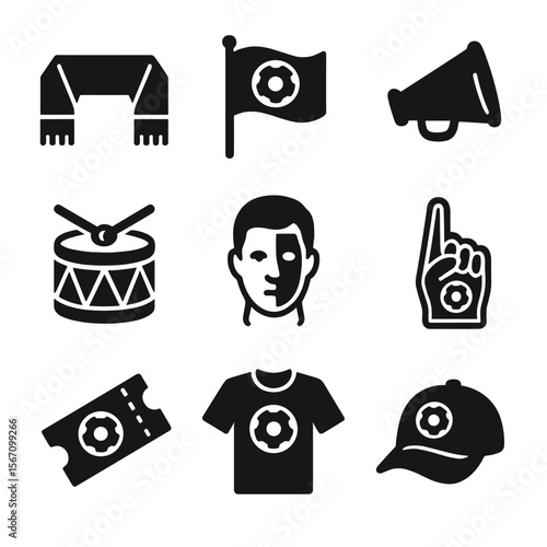 Soccer Fan Gear Icons. Solid, filled icon set of soccer fan gear: scarf, flag, megaphone, drum, face paint, foam finger, ticket,