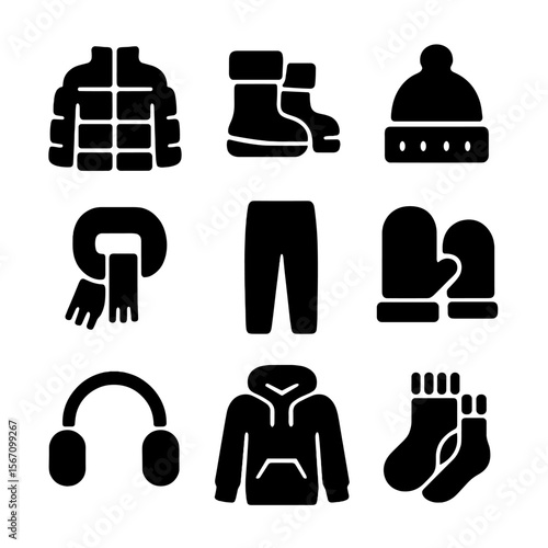 Winter Wardrobe Icons. Solid, filled icon set of winter wardrobe items: puffer jacket, snow boots, beanie, thick scarf, thermal