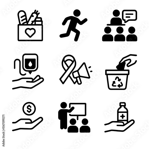 Social Cause Icon Set. Solid, filled icon set of social cause activities: food bank, charity run, community meeting, blood