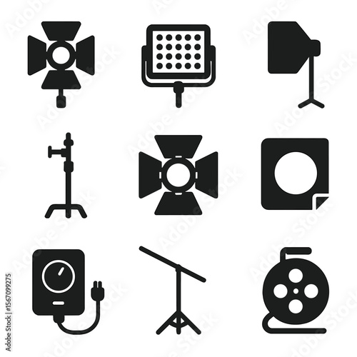 Movie Lighting Gear Icons. Solid, filled icons set of movie production lighting gear: floodlight, LED panel,