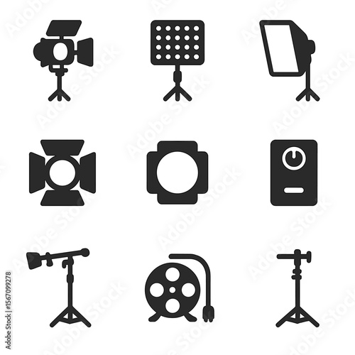 Movie Lighting Gear Icons. Solid, filled icons set of movie production lighting gear: floodlight, LED panel,