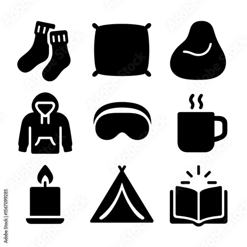 Movie Marathon Essentials. Solid, filled icons set of cozy movie marathon essentials: fuzzy socks, floor