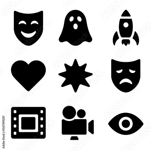 Movie Genre Icons. Solid, filled icons set of movie genres and themes: comedy mask, horror ghost, sci-fi