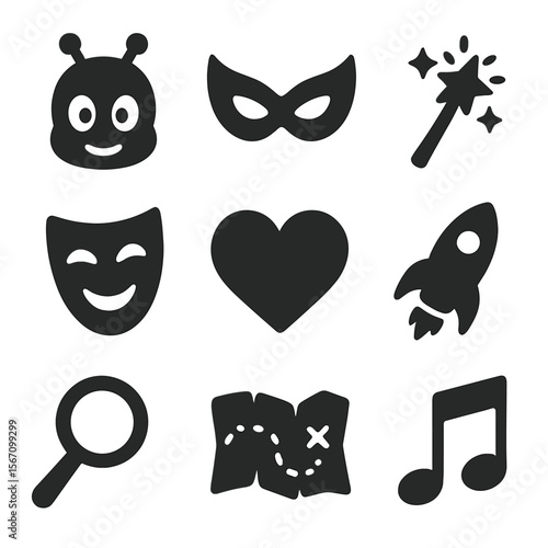 Movie Genre Icons. Solid, filled icons set of movie genres for all ages: animated film, superhero mask,