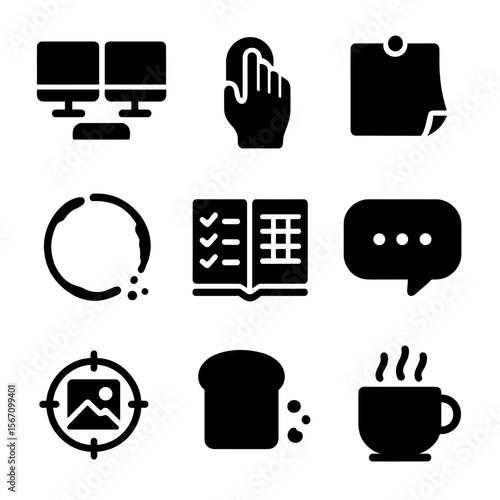 Multitasking Icons Grid. Solid, filled icons set of multitasking with coffee: dual monitor, hand on mouse,