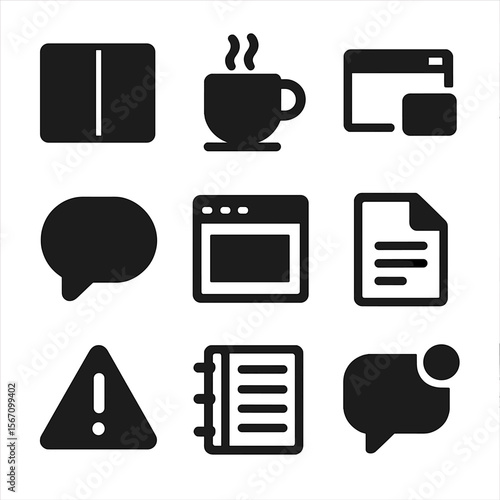 Multitasking Icon Grid. Solid, filled icons set of multitasking during calls: split screen, coffee cup,