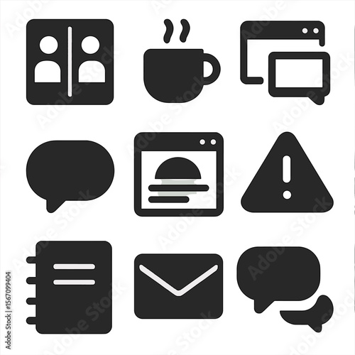 Multitasking Icon Grid. Solid, filled icons set of multitasking during calls: split screen, coffee cup,