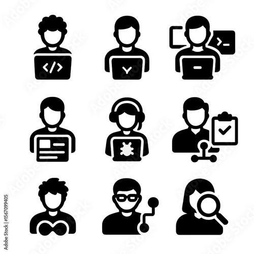Software Roles Icons. Solid, filled icon set of software development roles: frontend dev, backend dev, full-stack dev, UI designer