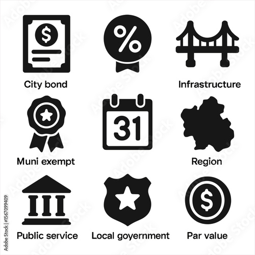 Municipal Securities Icons. Solid, filled icons set of municipal securities: city bond, local tax symbol,