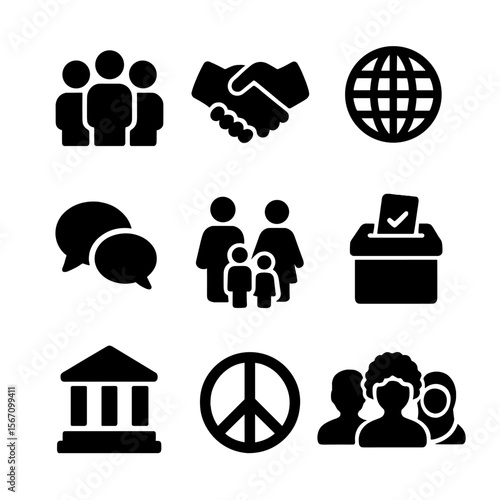 Society Icon Grid. Solid, filled icon set of society and community: group of people, handshake, globe, speech bubbles, family,