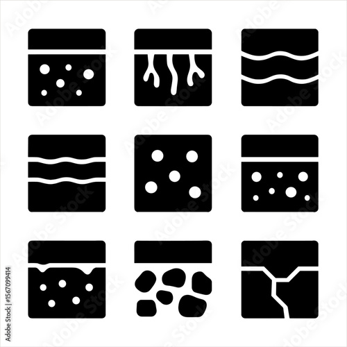 Soil Layers Icons. Solid, filled icon set of soil types and layers: topsoil, subsoil, clay, silt, sand, loam, humus, gravel layer,