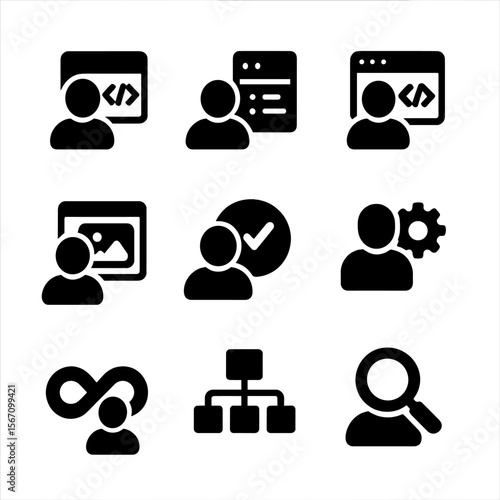 Software Roles Icons. Solid, filled icon set of software development roles: frontend dev, backend dev, full-stack dev, UI designer