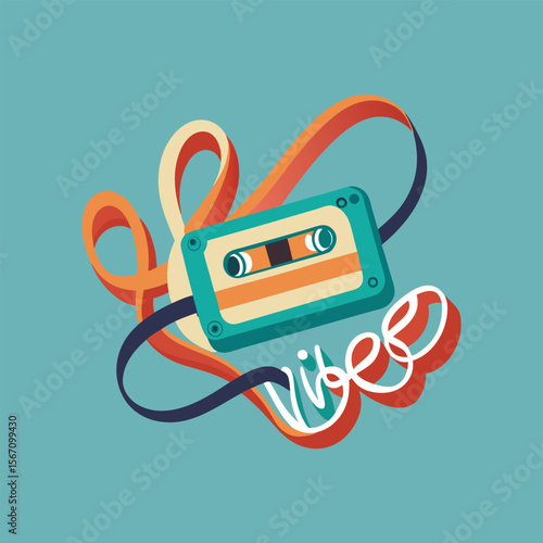 Retro cassette tape illustration with tangled tape forming the word "vibes", vintage music design, nostalgic audio, 80s style vector