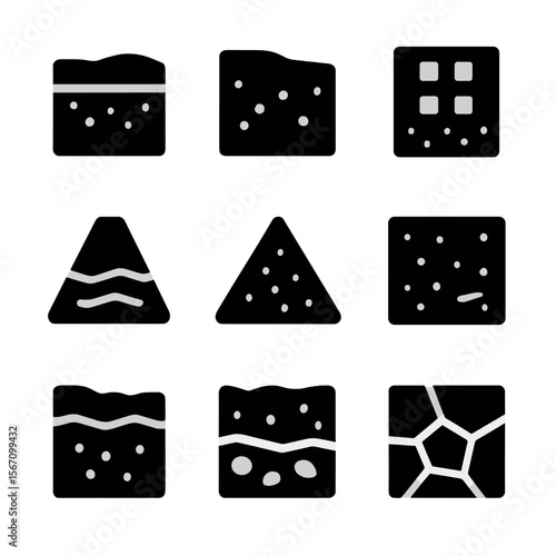 Soil Layers Icons. Solid, filled icon set of soil types and layers: topsoil, subsoil, clay, silt, sand, loam, humus, gravel layer,