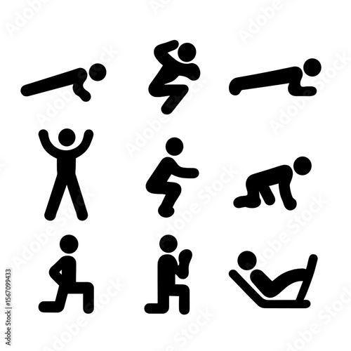 Workout Icons Grid. Solid, filled icon set of workout routine: push-up, sit-up, plank, jumping jack, squat, burpee, lunge, bicep