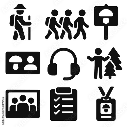 Mushroom Tour Icons. Solid, filled icons set of guided mushroom tours: tour leader, group trail, mushroom icon