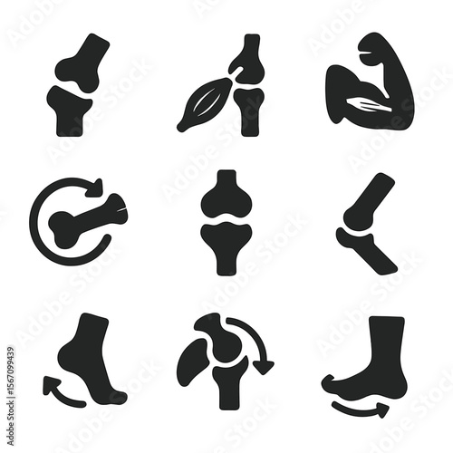 Muscle and Joint Icons. Solid, filled icons set of movement and muscle attachment: joint hinge, tendon link,