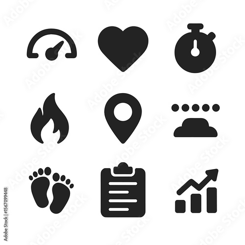 Workout Metrics Icons. Solid, filled icon set of elliptical machine workout metrics: speedometer, heart rate, time elapsed,