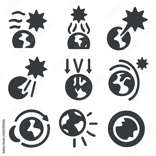 Solar-Earth Icon Set. Solid, filled icon set of sun-Earth interactions: solar wind, aurora icon, sunbeam strike, UV radiation,