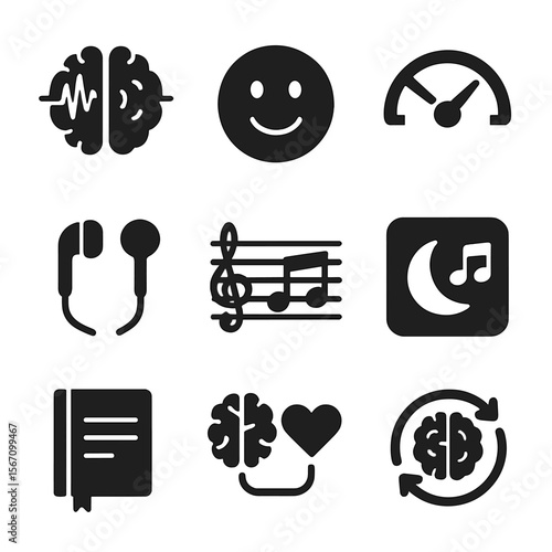 Music and Mind Icons. Solid, filled icons set of music and mental health: brain with soundwaves, happy face,
