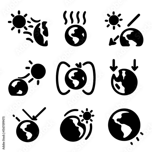 Solar-Earth Icon Set. Solid, filled icon set of sun-Earth interactions: solar wind, aurora icon, sunbeam strike, UV radiation,