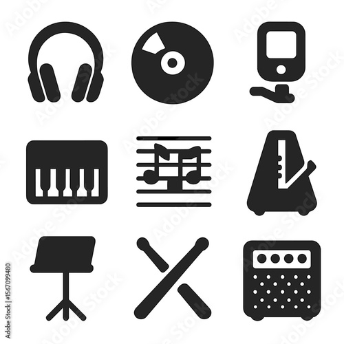 Music Icons Collection. Solid, filled icons set of music hobby gifts: headphones, vinyl record, guitar tuner,